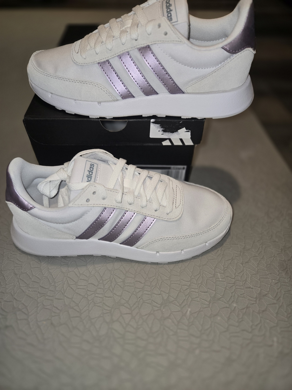 Adidas Run 60s 2.0 White Sneakers with Iridescent Lilac Stripes Womens 7 5 NWT - Picture 1 of 8